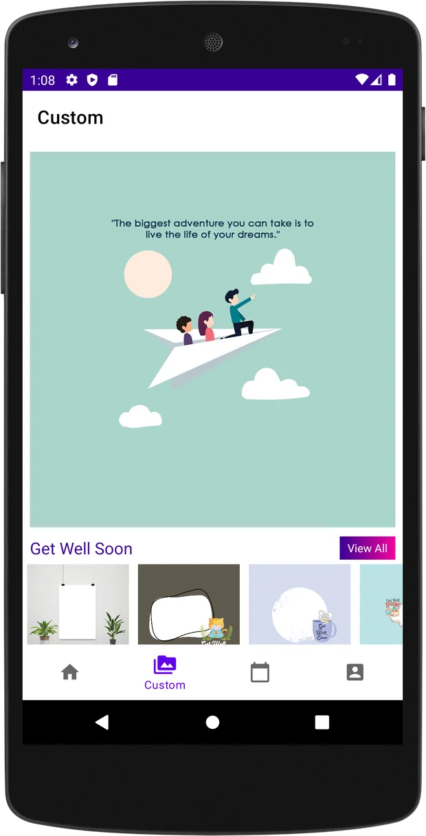 PostFactory Custom screen showing a full-size template preview, with more designs below.