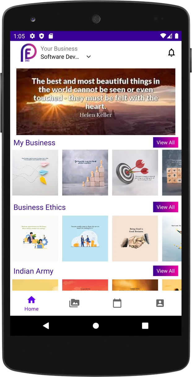 PostFactory home screen with business categories such as My Business and Business Ethics, each with ready-made post templates.