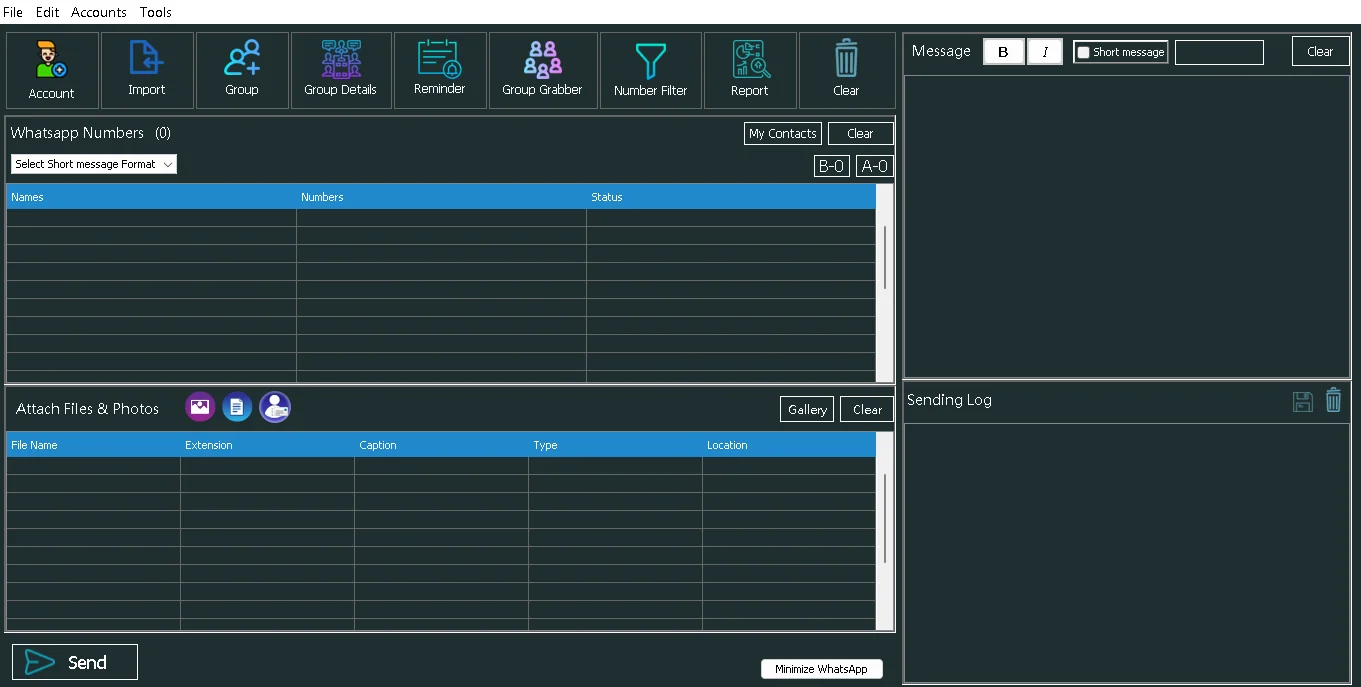 WhatsApp Automation main window: toolbar with Import, Group, Group Grabber, Number Filter and Report; recipient and attachment lists; message composer and sending log; Send button.