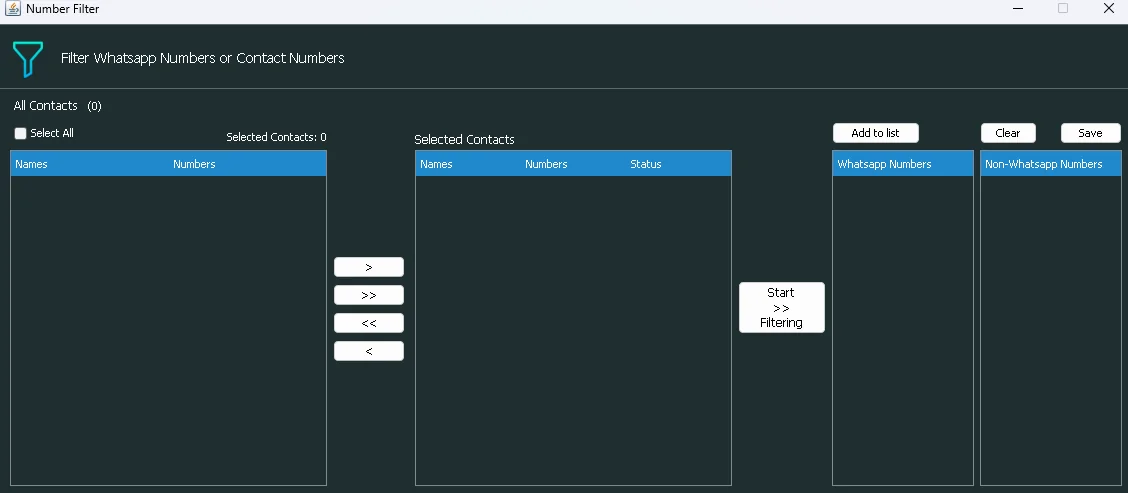 Number Filter window: selected contacts are checked and sorted into WhatsApp and non-WhatsApp number lists.